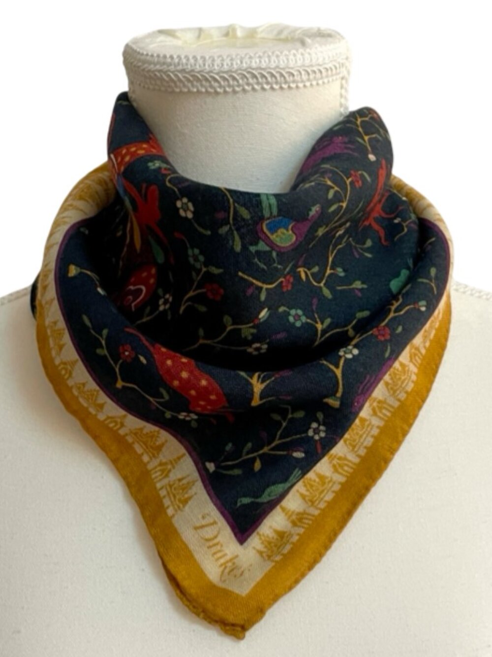 Drake’s Wool Silk Pocket Square Scarf Italy Equestrian Animal Print 17x17
